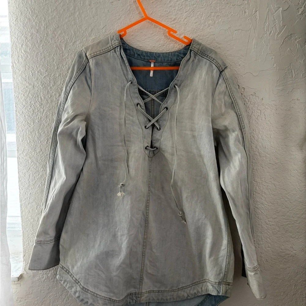 Free People Light Wash Lace-Up Denim Tunic - Light Blue - Picture 3 of 3